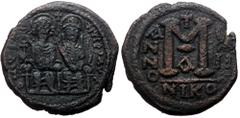 Byzantine Justin II and Sophia, AE, Follis. (Bronze, 13.94 g. 28 mm.) Nicomedia. 565-578 AD. Justin II and Sophia, AE, Follis. (Bronze, 13.94 g. 28 mm.) Nicomedia. 565-578 AD. Obv: DN IVS[TI]NVS PP AV