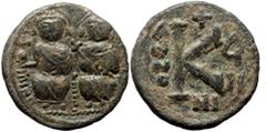Byzantine Justin II and Sophia, AE, Half Follis. (Bronze, 4.67 g. 19 mm.) Constantinople. 565-578 AD. Justin II and Sophia, AE, Half Follis. (Bronze, 4.67 g. 19 mm.) Constantinople. 565-578 AD. Obv: D
