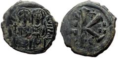 Byzantine Justin II and Sophia, AE, Half Follis. (Bronze, 5.77 g. 22 mm.) Uncertain mint. 565-578 AD. Justin II and Sophia, AE, Half Follis. (Bronze, 5.77 g. 22 mm.) Uncertain mint. 565-578 AD. Obv: [