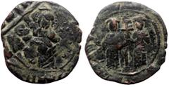 Byzantine Constantine X Ducas and Eudocia AE, Follis (Bronze, 9.46 g. 31 mm.) Constantinople. 1059-1067 AD. Overstruck. Constantine X Ducas and Eudocia AE, Follis (Bronze, 9.46 g. 31 mm.) Constantinop