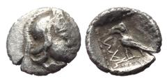 Greek Dynasts of Lycia, Uncertain dynast, AR Hemiobol, (Silver, 0.14 g 6mm). Circa 4th century BC. Obv: Helmeted head of Athena right. Rev: Eagle? standing left within pelleted square border; all with