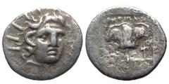 Greek Islands off Caria, Rhodos, Rhodes. ca 125-88 BC AR Hemidrachm (Silver, 12mm, 0.90) 'Plinthophoric' coinage. Antipatros, magistrate. Obv: Radiate head of Helios facing slightly right Rev: Rose wi