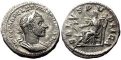 Roman Imperial Macrinus (218) AR denarius (Silver, 2.56g, 20mm) Rome Obv: IMP CM OPEL SEV MACRINVS AVG: Bust of Macrinus, laureate, cropped bearded, cuirassed, right Rev: SALVS PVBLICA, Salus seated l