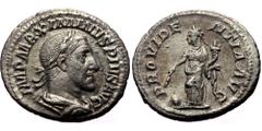 Roman Imperial Maximinus I Thrax (235-238 AD) – AR Denarius (Providentia). Rome mint 235-236 AD. Obv: IMP MAXIMINVS PIVS AVG, Laureate, draped and cuirassed bust of Maximinus to right. Rev: PROVIDENTI