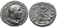 Roman Imperial Maximinus Thrax (235-238). AR, Denarius. (Silver, 2.43 g. 18 mm.) Rome. Obv: IMP MAXIMINVS PIVS AVG. Bust of Maximinus I, laureate, draped, cuirassed, right. Rev: VICTORIA AVG. Victory,