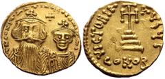 Byzantine Constans II with Constantine IV, AV, Solidus. (Gold, 4.31 g. 21 mm.) Constantinople. 641-668 AD. Obv: δ N CONSTANTINЧS C CONSTAN, Crowned and draped facing busts of Constans and Constantine;