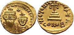 Byzantine Constans II with Constantine IV, AV, Solidus. (Gold, 4.50 g. 21 mm.) Constantinople. 641-668 AD. Obv: δ N CONSTANTINЧS C CONSTAN, Crowned and draped facing busts of Constans and Constantine;