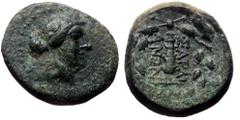 Greek Lydia, Sardes AE (Bronze, 3.89g, 16mm) ca 133 BC - AD 1. Obv: Laureate head of Apollo to right Ref: Club; ΣΑΡΔΙΑΝΩΝ across fields, ΔΓ monogram below; all within laurel wreath. Ref: GRPC Lydia 58