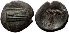 Greek coins Lycia, Phaselis (ca 221-190 BC) AE (Bronze, 17mm, 3.19g) Obv: Prow right; above, serpent coiled right. Rev: Athena advancing right, brandishing spear and holding shield; Φ to left. Ref: He