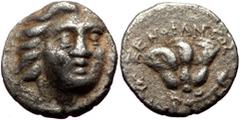 Greek coins Islands off Caria, Rhodos. Rhodes (ca 205-188 BC) AR Hemidrahm or Diobol (Silver, 11mm, 1.23g) Obv: Head of Helios three-quarters facing right, hair loose Ref: ΞΕΝΟΦΑΝΤΟΣ, Rose with bud on