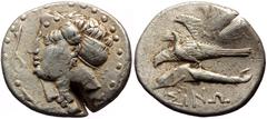Greek coins Paphlagonia, Sinope (ca 330-300 BC) AR Drachm Silver, 20mm, 5.76g), No magistrate, overstriked on older issue. Obv: Head of the nymph Sinope to left, her hair bound in sakkos; to left, aph