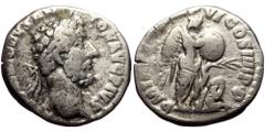 Roman Imperial Commodus (177-192) AR denarius (Silver, 3.12g, 17mm). Rome, 183-184. Obv: M COMMODVS-ANTON AVG PIVS, laureate head of Commodus right Rev: P M TR P VIIII•IMP VI COS IIII P•P, Victory sta