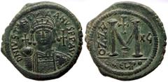 Byzantine coins Justinianus I (527-565) AE Follis (Bronze, 40mm, 23.04g) Antioch, 542-543 Obv: D N IVSTINIANVS P P AVG. Helmeted Bust facing, holding cruciger and shield, cross in right field. Rev: La