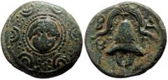 Greek coins Cyprus, Salamis, Nikokreon AE (Bronze, 17mm, 3.78g) ca 331-310 BC. In the types of Alexander III of Macedon, ca 323-317 BC. Obv: Macedonian shield decorated with gorngoneion on the boss Re