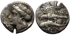 Greek coins Paphlagonia, Sinope AR Drachm (Silver, 4.57g, 20mm) in name of satrap Sysinas ca 365-322 BC Obv: Head of nymph l., hair caught up in sphendone; in l. field, aplustre. Rev: Aramaic legend E