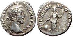 Roman Imperial coins Commodus (177-192) AR Denarius (Silver, 3.34g, 18mm) 183, Obv: M COMMODVS ANTONiNVS AVG , Laureate head r. Rev: TR P VII IMP IIII COS IIII P P Providentia standing l., holding in 