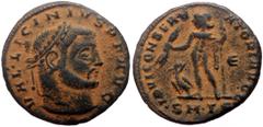 Roman Imperial coins Licinius I (308-324) AE Follis (Bronze, 6.03g, 18mm) Thessalonika, 311 Obv: VAL LICINIVS P F AVG, Laureate head of Licinius I on the right Rev: IOVI CONSER-VATORI AVGG/ -|(epsilon