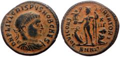 Roman Imperial coins Crispus (Caesar, 317-326) AE follis (Bronze, 2.58g, 19mm) Nicomedia 318-324. Obv: D N FL IVL CRISPVS NOB CAES, laureate, draped and cuirassed bust of Crispus right Rev: IOVI CON-S