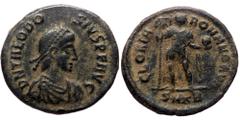 Roman Imperial coins Theodosius I (379-395) AE (Bronze, 5.66g, 21mm) Cyzicus, 383-386. Obv: D N THEODOSIVS P F AVG, diademed, draped and cuirassed bust of Theodosius I right Rev: GLORIA ROMANORVM, The