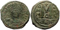 Byzantine coins Justinian I (527-565) AE Follis (Bronze, 33mm, 18.11g) Constantinopolis, RY 25 = 551/2. Obv: D N IVSTINIANVS P P AVI Helmeted, diademed and cuirassed bust of Justinian I facing, holdin