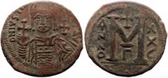 Byzantine coins Justinian I (527-565), AE Follis, Antioch as Theoupolis mint, issued 542-543, officina Γ Obv. IVSTINIANVS PF AVI, Justinian bust facing, cross in right field Rev. Large M, ANNO to left