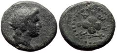 Greek coins Islands off Caria, Rhodos. Rhodes AE (Bronze, 19mm, 3.65g) Early 1st century AD Obv: Radiate head of Helios right Rev: Rose seen from above; Herm to right. Ref: Ashton, Early 7–39; HN Onli