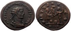 Roman Imperial Coins Numerian (283-124) AE Antoninianus (Bronze, 21mm, 4.27g) Antioch, 284. Obv: IMP C M AVR NVMERIANVS NOB C, Radiate, draped, and cuirassed bust right Rev: VIRTVS AVGG, Numerian stan