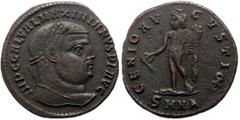 Roman Imperial Coins Galerius (305-311) AE (Bronze, 5.04g, 26mm) Nikomedia, 308-310 IMP C GAL VAL MAXIMIANVS P F AVG, Head of Galerius, laureate, right Rev: GENIO AV-GVSTI C_M_H, Genius, wearing modiu