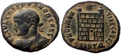 Roman Imperial Coins Crispus (Caesar, 316-326) AE (Bronze, 19mm, 3.01g). Antioch, 325-326. Obv: FL IVL CRISPVS NOB CAES, laureate and cuirassed bust left Rev: PROVIDENTIAE CAESS, camp gate with two tu