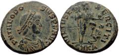 Roman Imperial Coins Theodosius I (379-395) AE (Bronze, 6.21g, 21mm) Cyzicus, 387-392 Obv: D N THEODO-SIVS P F AVG, diademed, draped and cuirassed bust of Theodosius I right Rev: VIRTVS E-XERCITI, The