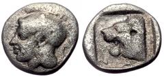 Greek Troas, Assos AR Triobol or Hemidrachm (Silver, 1.39g, 11mm) ca 405-360 BC Obv: Helmeted head of Athena left Rev: AΣΣION (partially retrograde), head of lion left within incuse squar Cf. CNG E-35