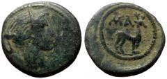 Roman Provincial Lycia AE (Bronze, 3.52g, 20mm) Augustus (27 BC - 14 AD) Koinon of Lycia, Issue: Series B (c. 27/23 BC) Obv: Head of Artemis with quiver, r. Rev: ΜΑ; stag; (symbol) Ref: RPC I №: 3319d