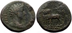 Roman Imperial Marcus Aurelius (161-180) AE Sestertius (Bronze, 21.10g, 32mm) Rome, Rome, 161. Obv: AVRELIVS CAESAR AVG PII F, Bare head of Marcus Aurelius to right, wearing slight drapery on left sho