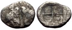 Greek *Unpublished denomination* Lesbos, Unattributed early mint BI Triobol (Silver, 1.63g, 14mm) ca 500-450 BC. Obv: Confronted boars’ heads Rev: Quadripartite incuse square. Ref: SNG Copenhagen 287 