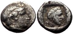 Greek Dynasts of Lycia, Kherei (?) AR Triobol (Silver, 1.63g, 12mm) ca 440-410 BC. Obv: Laureate head of Apollo right Rev: Bearded head of Kherei right, wearing Persian headdress in incuse circle. Cf.