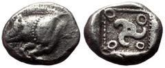 Greek Dynasts of Lycia, uncertain dynast AR Tetrobol or quarter stater (Silver, 2.85g, 14mm) ca 520-480 BC. Obv: Forepart of boar left Rev: Triskeles; four annulets in corners. All within incuse squar
