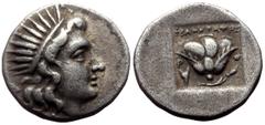 Greek Islands of Caria, Rhodos, Rhodes AR Drachm (Silver, 2.89g, 16mm) ca 188-170 BC, 'Plinthophoric' coinage. Philokrates, magistrate. Obv: Radiate head of Helios right Rev: Rose with bud to right; b