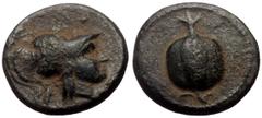 Greek Pamphylia, Side AE (Bronze, 1.14g, 11mm) ca 1st Century BC Obv: Pomegranate Rev: helmeted head of Athena right Ref: BMC Lycia, pp. 150, no. 59; Laffaille -; SNG Copenhagen 387; SNG von Aulock 48