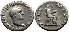 Roman Imperial Vitellius (68-69) AE Denarius (Silver, 3.17g, 18mm) Rome, 69. Obv: A VITELLIVS GERM IMP AVG TR P, laureate head of Vitellius right. Rev: PONT MAXIM, Vesta, veiled, seated on throne righ