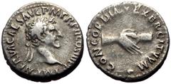 Roman Imperial Nerva (96-98) AR Denarius (Silver, 18mm, 3.00g) Rome, 96. Obv: IMP NERVA CAES AVG P M TR P COS II P P, Laureate head of Nerva to right. Rev: CONCORDIA EXERCITVVM, Clasped right hands. R