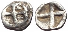 Greek Attica, Athens AR Hemiobol (Silver, 0.29g, 8mm) ca 515-510 BC. Wappenmünzen type. Obv: Wheel of four spokes Rev: Quadripartite incuse square, divided diagonally. Cf. Seltman pl. IV, ρ (obol); cf