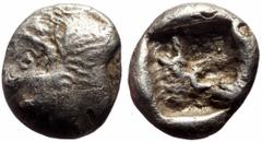 Greek Ionia, Uncertain AR Diobol or Triobol (Silver, 1.74g. 12mm) ca 550-500 BC Obv: Head of roaring lion left. Rev: Quadripartite incuse square. Ref: Unpublished in the standard references