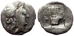 Greek Lycia, Lycian League, Kragos (ca. 48-20 BC) AR Hemidrachm (Silver, 14mm, 1.17g) Obv: Laureate head of Apollo right; Λ-Y below Rev: K-P, cithara (lyre); all within incuse square. Ref: Troxell 84