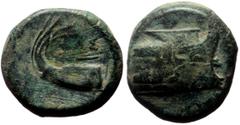 Greek Lycia, Phaselis AE (Bronze, 5.13g, 16mm) ca 250-221/0 BC. Obv: Prow of a galley right Rev: Stern of galley right Ref: Heipp-Tamer B-20; SNG Copenhagen 122