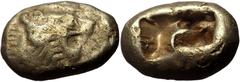 Greek Kings of Lydia, Unknown king, probably Alyattes (610–560) El Trite (Electrum, 4.67g, 15mm) Sardis 600–550, Milesian standard Obv: Lion’s head right, jaws open, with radiate globule on forehead. 