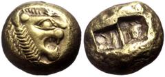 Greek Kings of Lydia, Alyattes EL Trite (Gold, 4.65g, 12mm) Sardes, ca 610-546 BC. Obv: Head of roaring lion to right, sunburst with multiple rays on forehead Rev: Two incuse square punches of unequal
