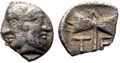 Greek Troas, Tenedos AR hemiobol (Silver, 0.35g, 9mm) ca 450-387 BC Troas, Tenedos AR hemiobol (Silver, 0.27g, 7mm) ca 450-387 BC Obv: Janiform female and male heads,. Rev: T-E, double axe. Ref: SNG A
