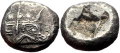 Greek Lycia, Phaselis AR Stater (Silver, 10.93g, 19mm) ca 550 BC Prow of galley right, terminating in a boar's forepart Rev: Rough quadripartite incuse square. Ref: Heipp-Tamer series 1, em. 1, 1 (V1/