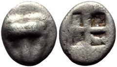 Greek Hemiobol AR Ionia, Samos, c. 510-465 BC, Head of panther facing / Quadripartite incuse square 9 mm, 0,29 g Barron, The Siver Coins of Samos, pl. 5, 1a (Triobol)