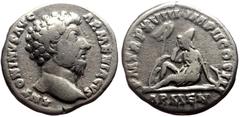 Roman İmperial Marcus Aurelius (163-164) AR Denarius (3.22g, 17mm) Obv: ANTONINVS AVG ARMENIACVS: Head of Marcus Aurelius, bare, right Rev: P M TR P XVIII IMP II COS III ARMEN: Armenia, seated left on